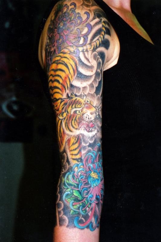 Chinese Flowers And Tiger Tattoo On Full Sleeve