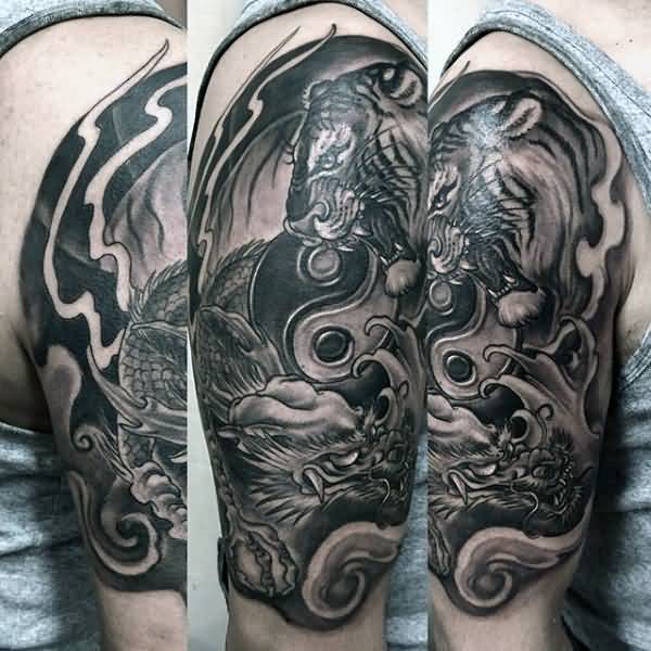 Chinese Tiger Tattoo And Yin Yang Tattoo On Half Sleeve