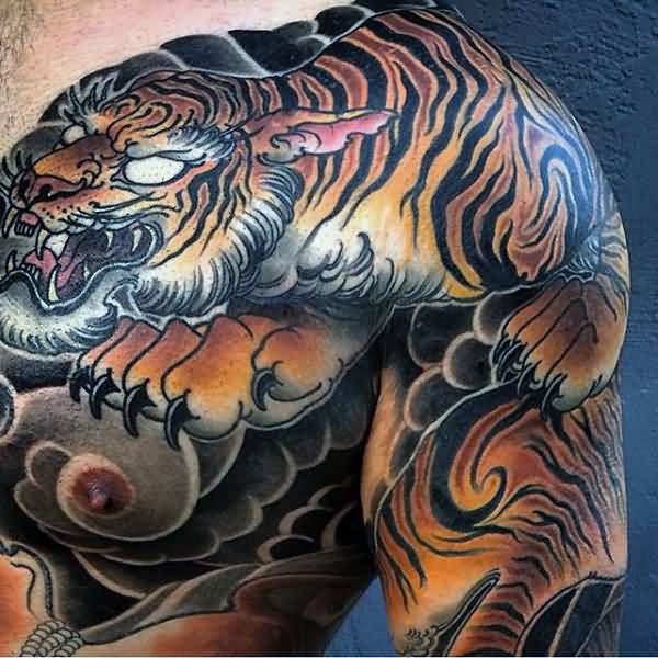 Chinese Tiger Tattoo On Man Front Shoulder