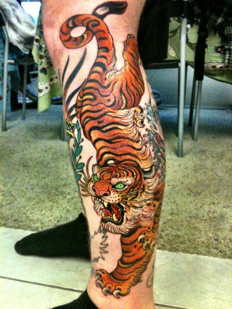 Chinese Tiger Tattoo On Man Left Leg