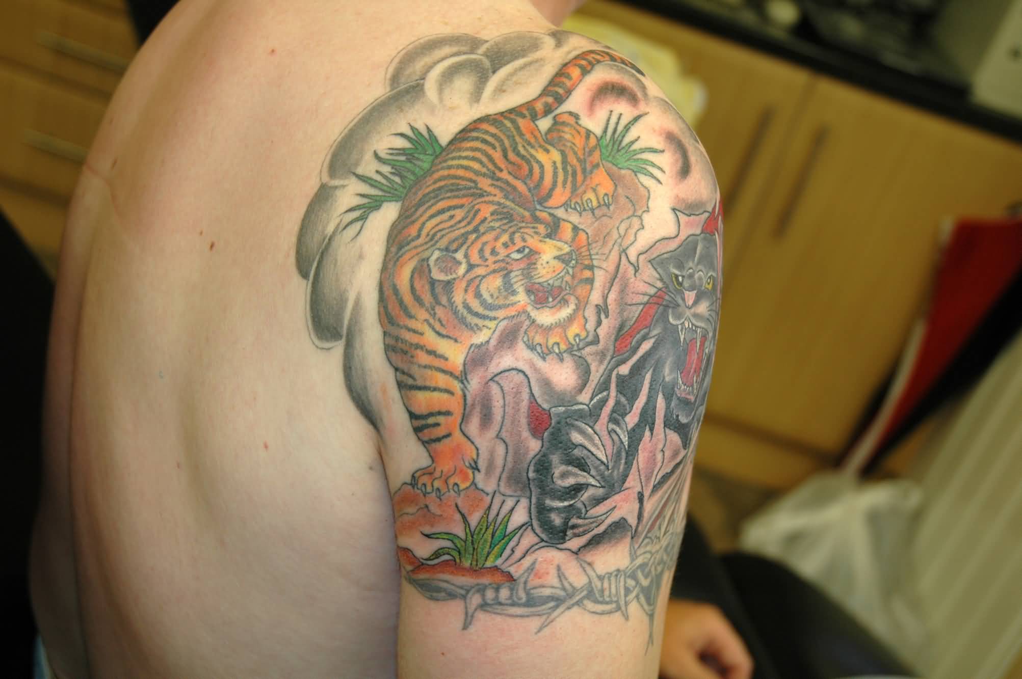 Chinese Tiger Tattoo On Right Shoulder