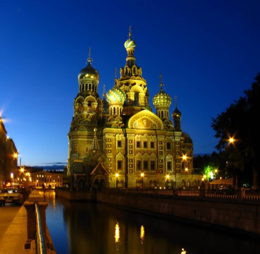 Church Of The Savior On Blood Lit Up At Night In Saint Petersburg