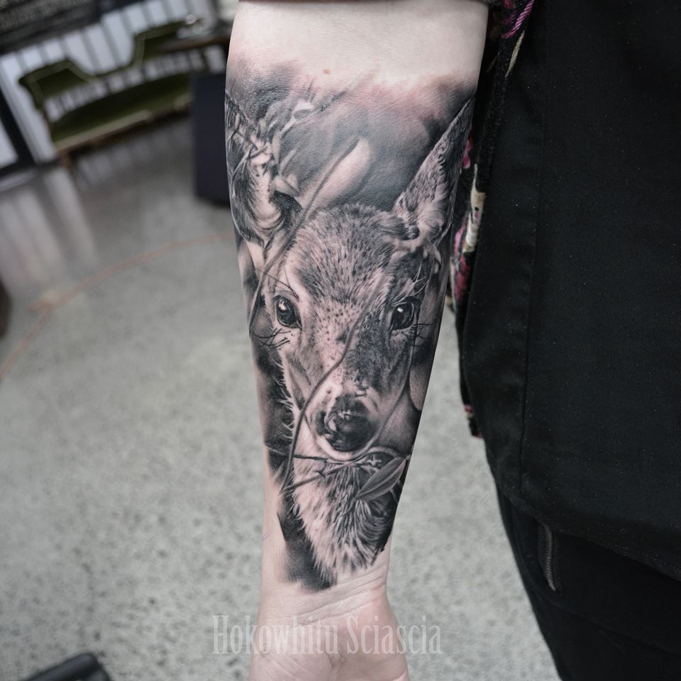 Classic Black And Grey Deer Fawn Tattoo On Left Forearm By Hokowhitu Sciascia