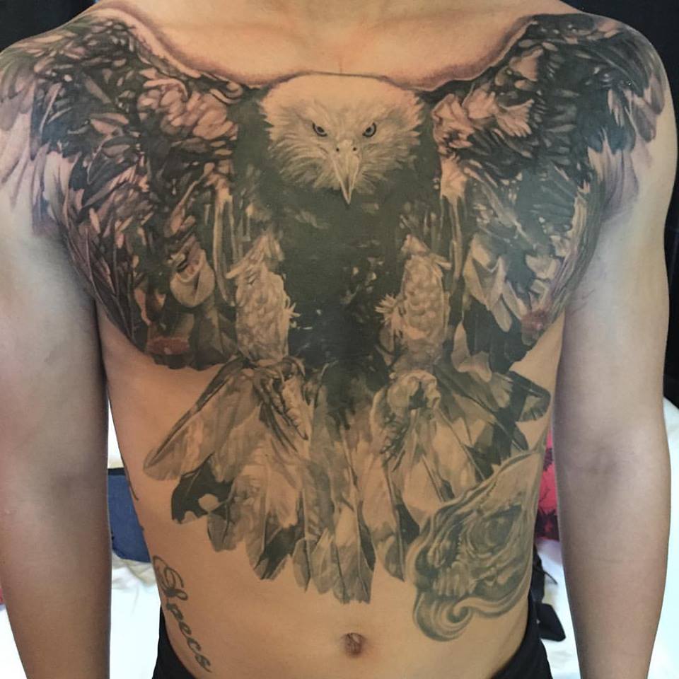 Classic Black And Grey Eagle Tattoo On Man Chest By Elvin