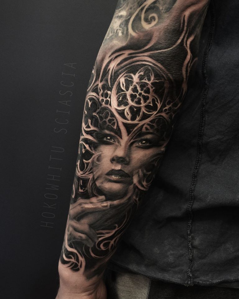 Classic Black And Grey Girl Face Tattoo On Left Arm By Hokowhitu Sciascia