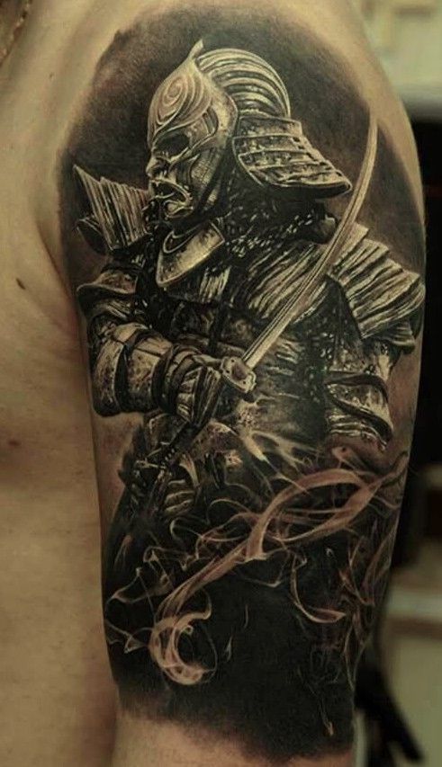 Classic Black And Grey Samurai Tattoo On Man Left Half Sleeve
