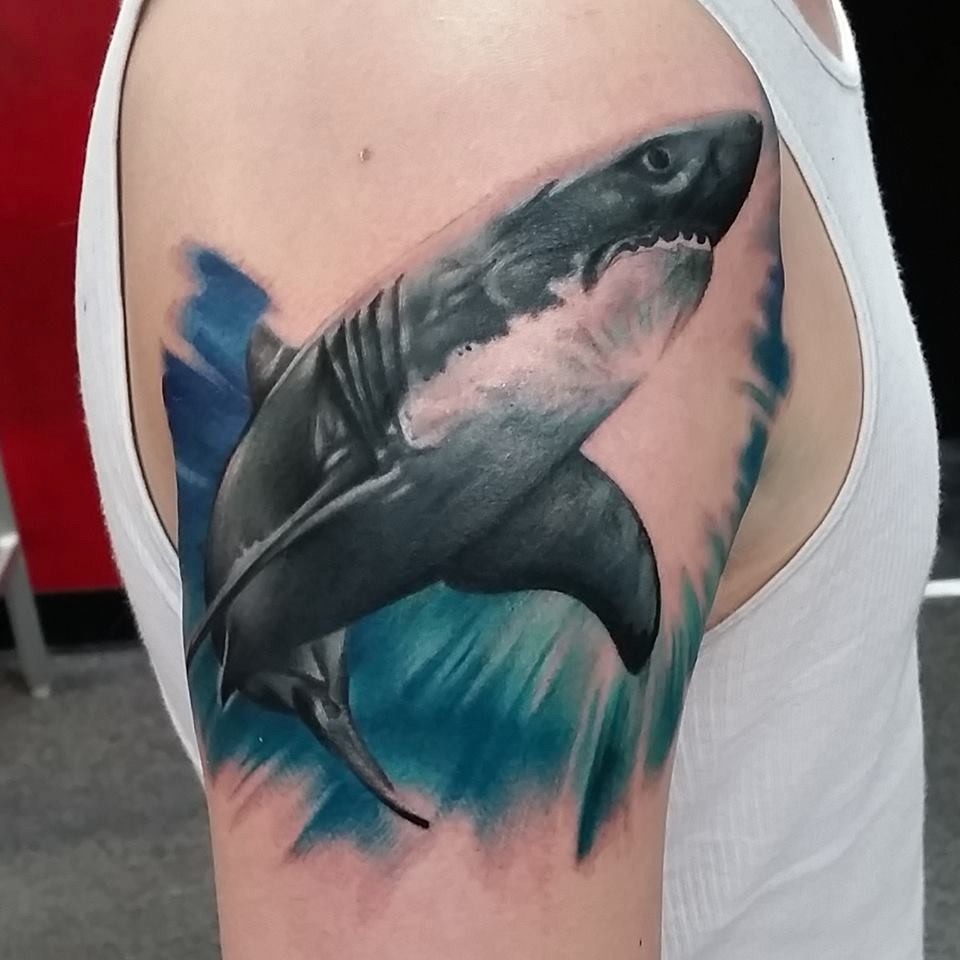 Classic Black And Grey Shark Tattoo On Right Half Sleeve