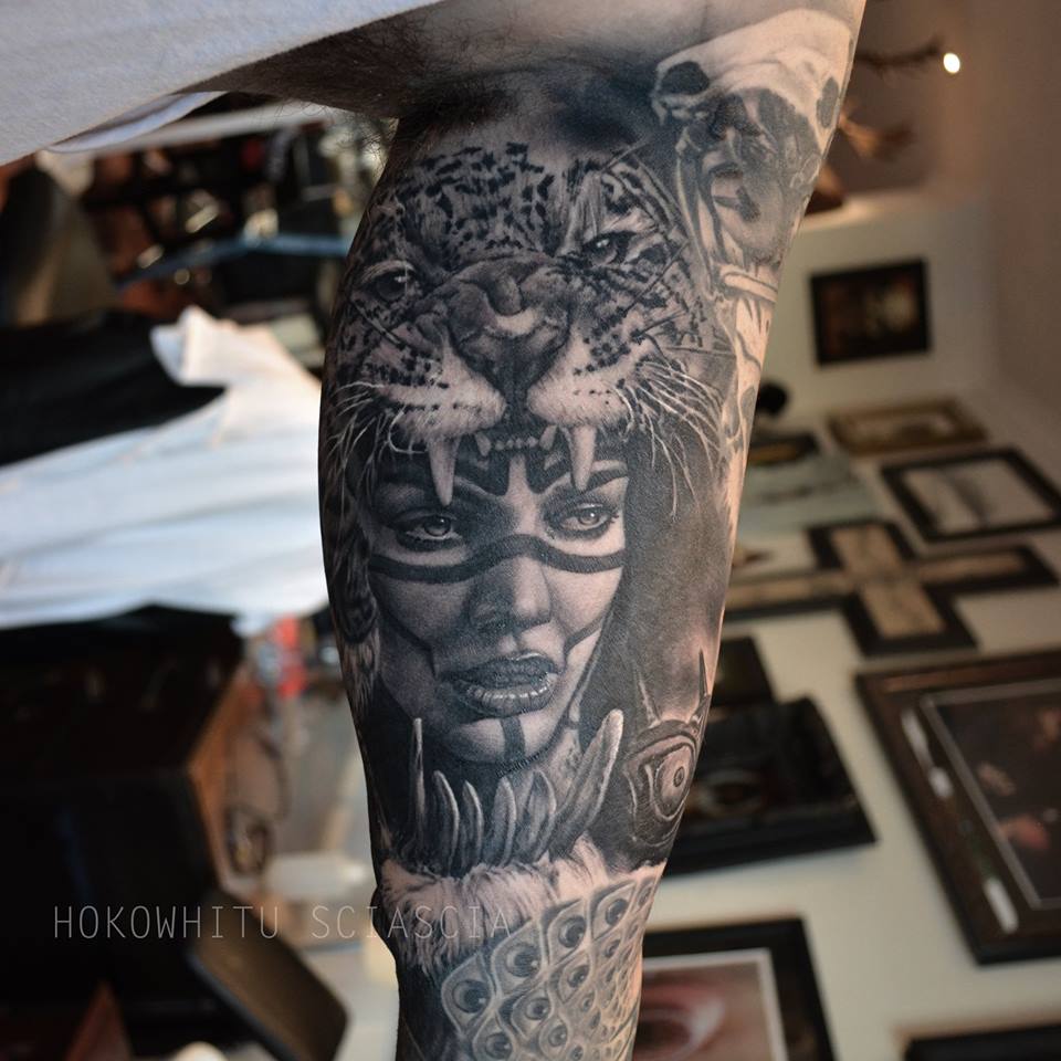 Classic Black And Grey Tiger Head Girl Tattoo On Left Bicep