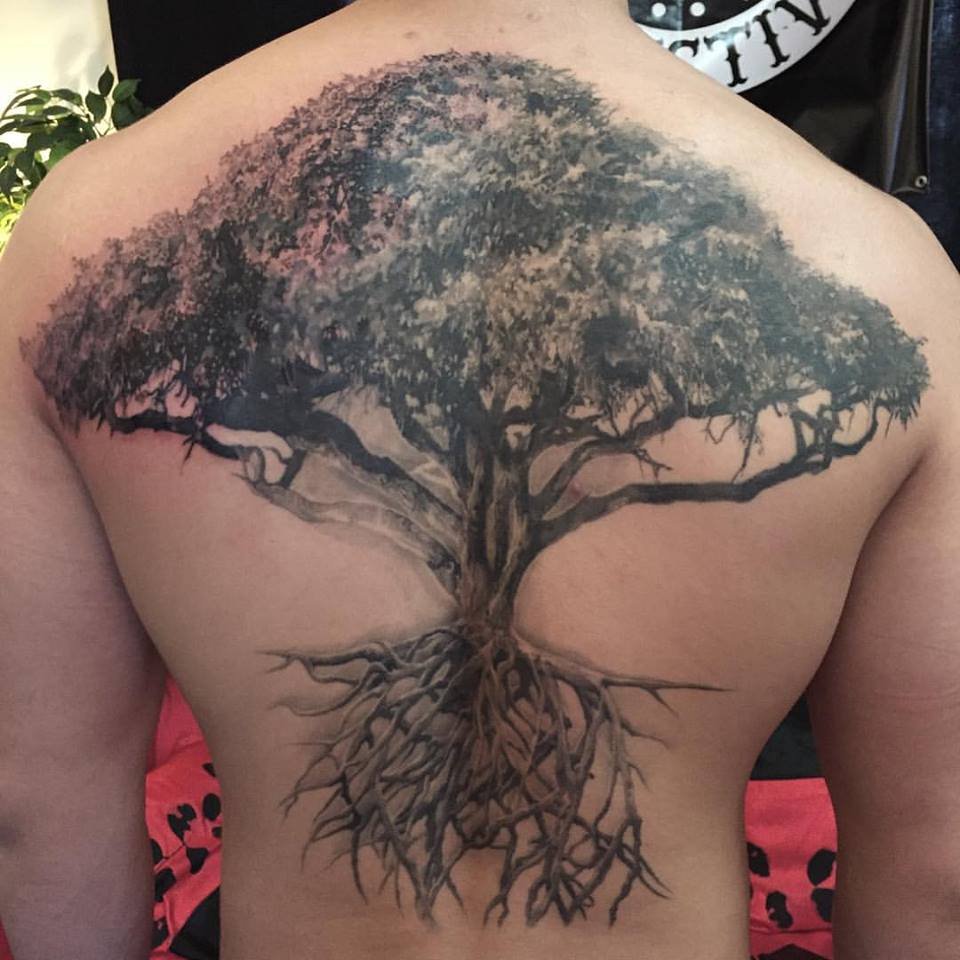 Classic Black And Grey Tree Tattoo On Man Full Back