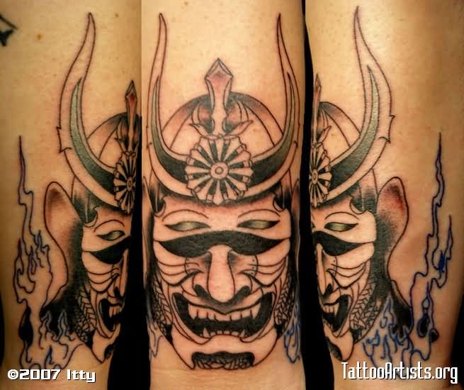 Classic Black Ink Samurai Head Tattoo Design For Sleeve