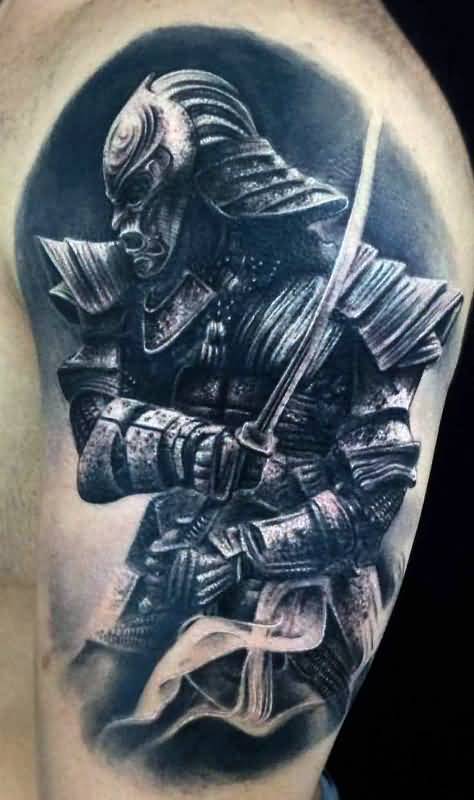 Classic Black Ink Samurai Tattoo On Man Left Shoulder