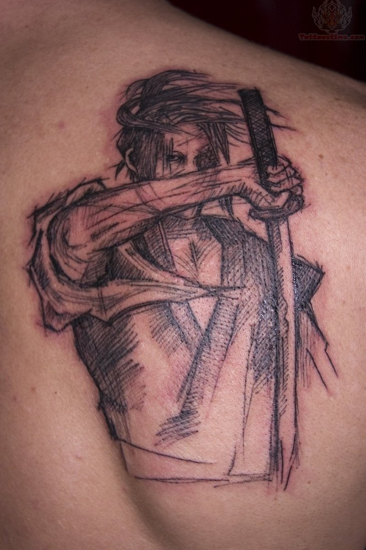 Classic Black Ink Samurai With Sword Tattoo On Right Back Shoulder