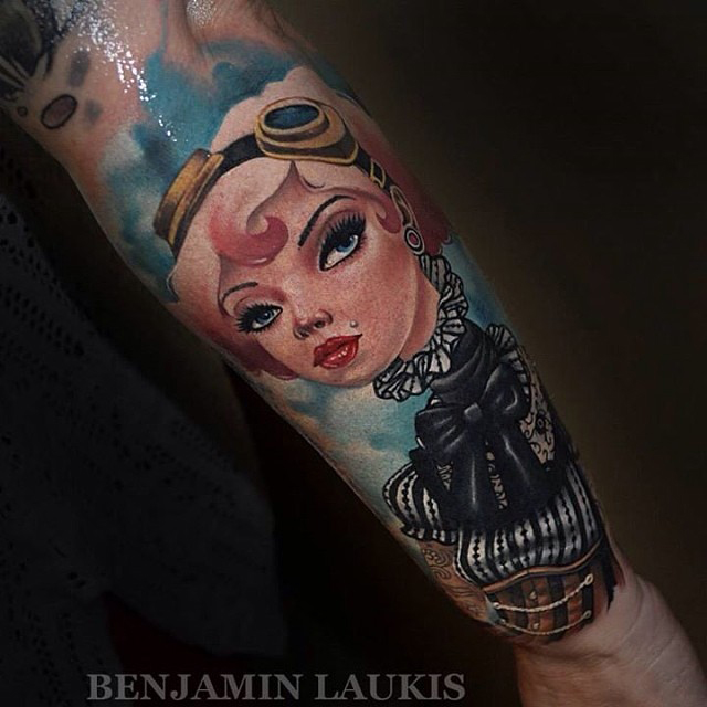 Classic Cartoon Women Tattoo On Right Arm By Benjamin Laukis