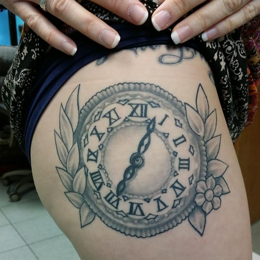 Classic Grey Ink Clock Tattoo On Right Hip