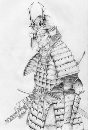 Classic Grey Ink Samurai Tattoo Design By WaltPage