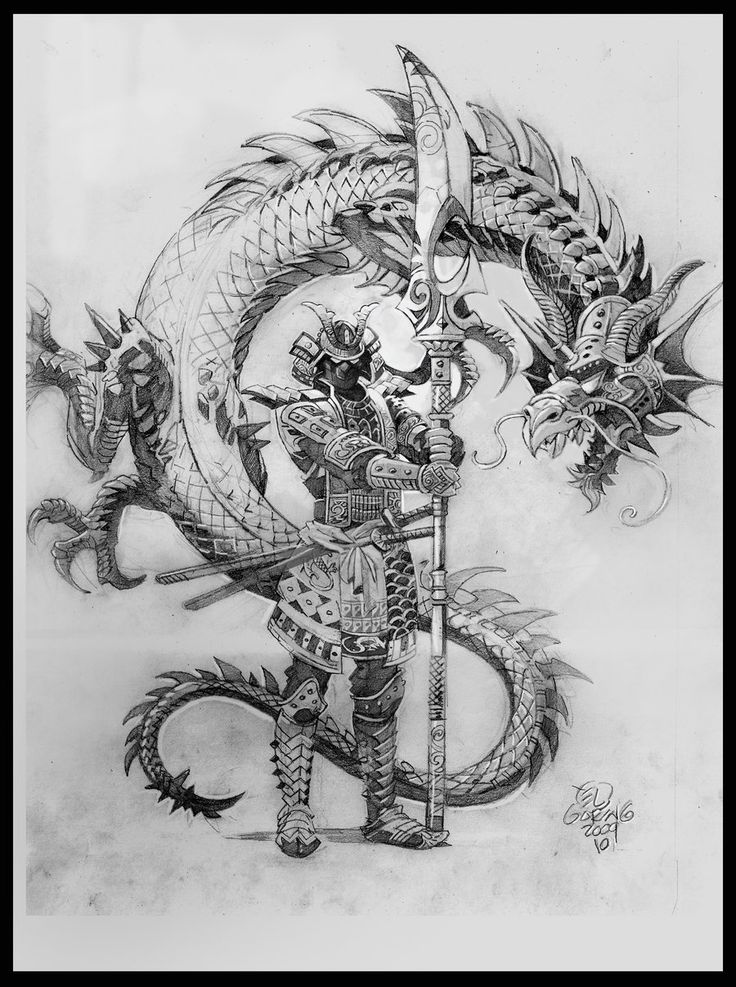 Classic Grey Ink Samurai With Dragon Tattoo Design By Elshazam