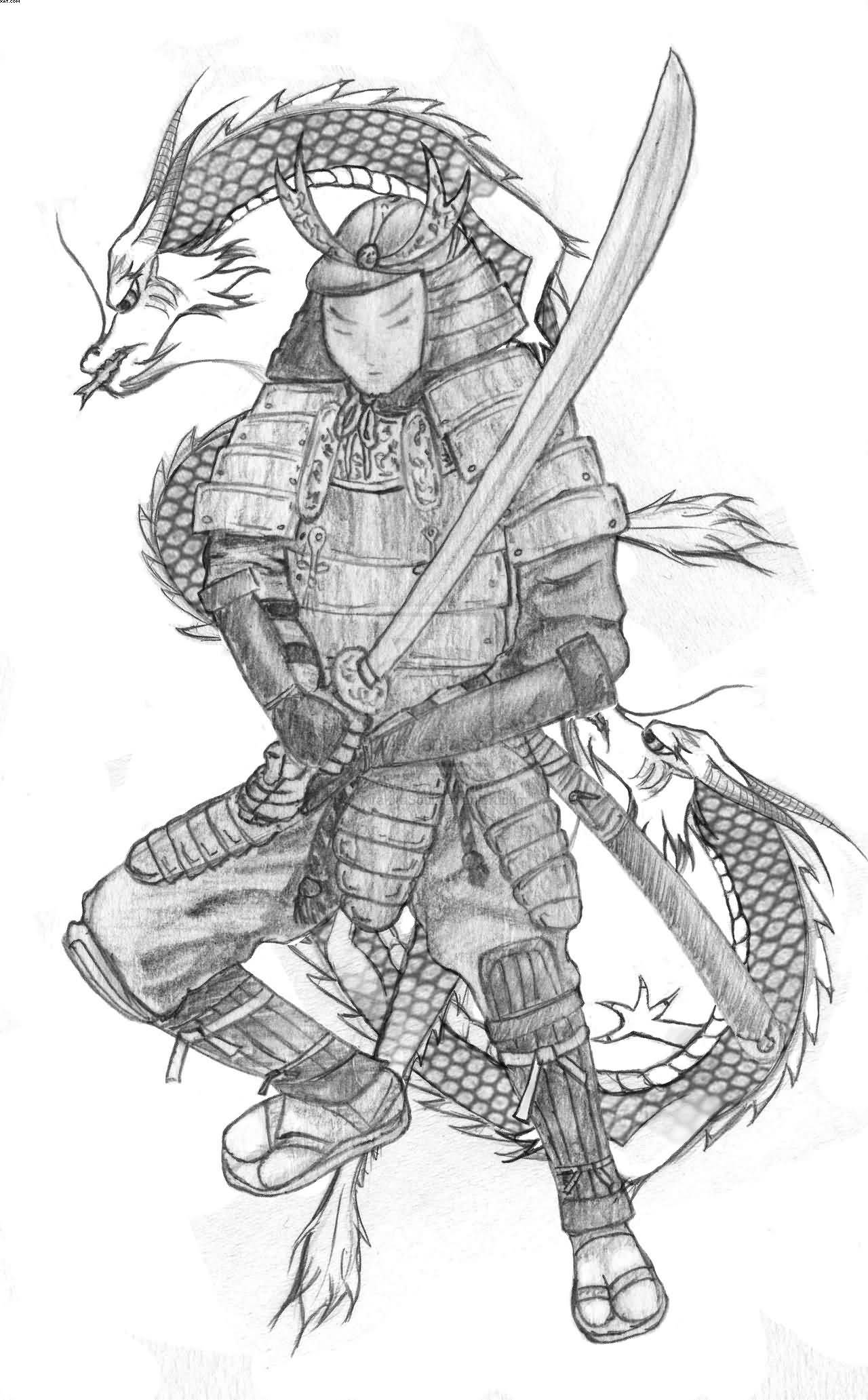 Classic Grey Ink Samurai With Dragon Tattoo Design By KiraKiraSoul