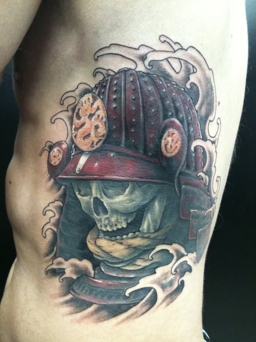 Classic Samurai Skull Tattoo On Man Left Side Rib