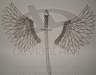 Classic Samurai Sword With Wings Tattoo Design