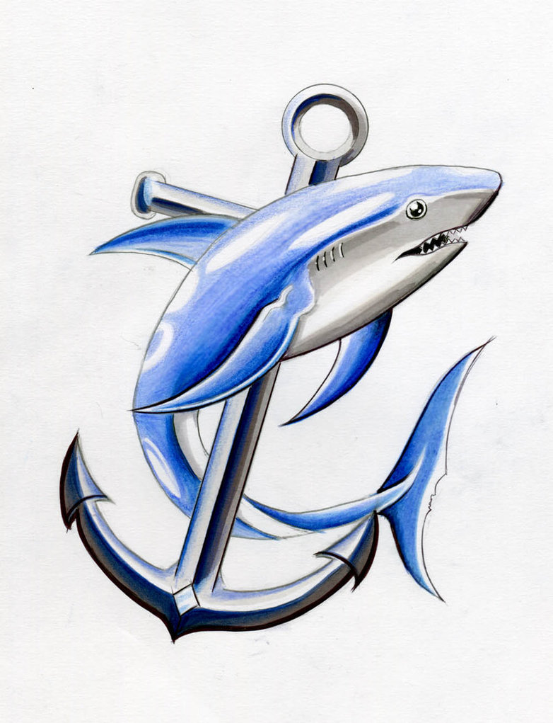 Classic Shark With Anchor Tattoo Design