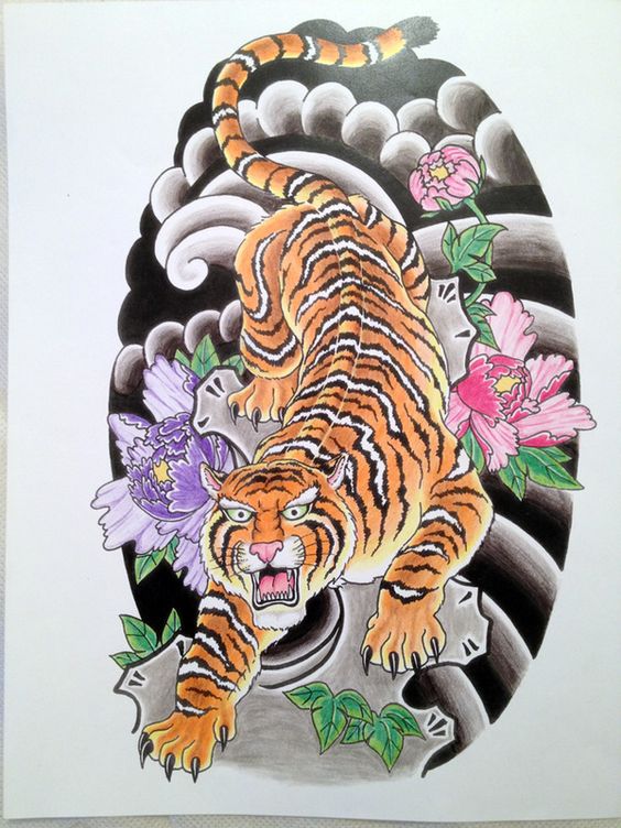 Color Flowers And Chinese Tiger Tattoo Design