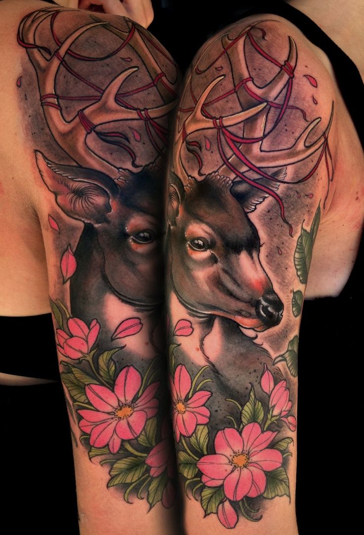Color Flowers And Cute Deer Tattoo On Half Sleeve