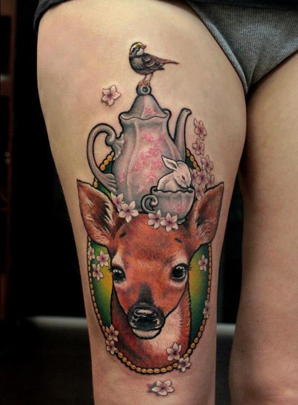 Color Ink Cattle And Deer Tattoo On Thigh