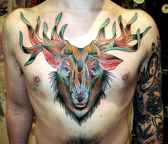 Color Ink Deer Head Tattoo On Chest