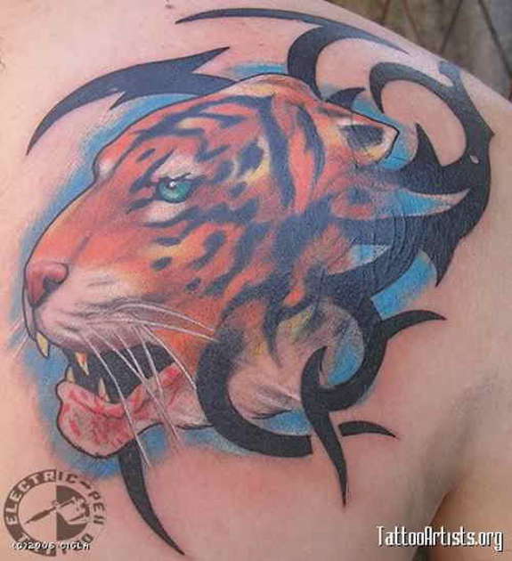 Color Ink Tiger Head And Tribal Tattoo On Back Shoulder