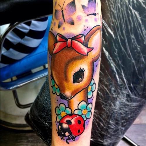 Colored Cute Deer Tattoo On Arm Sleeve