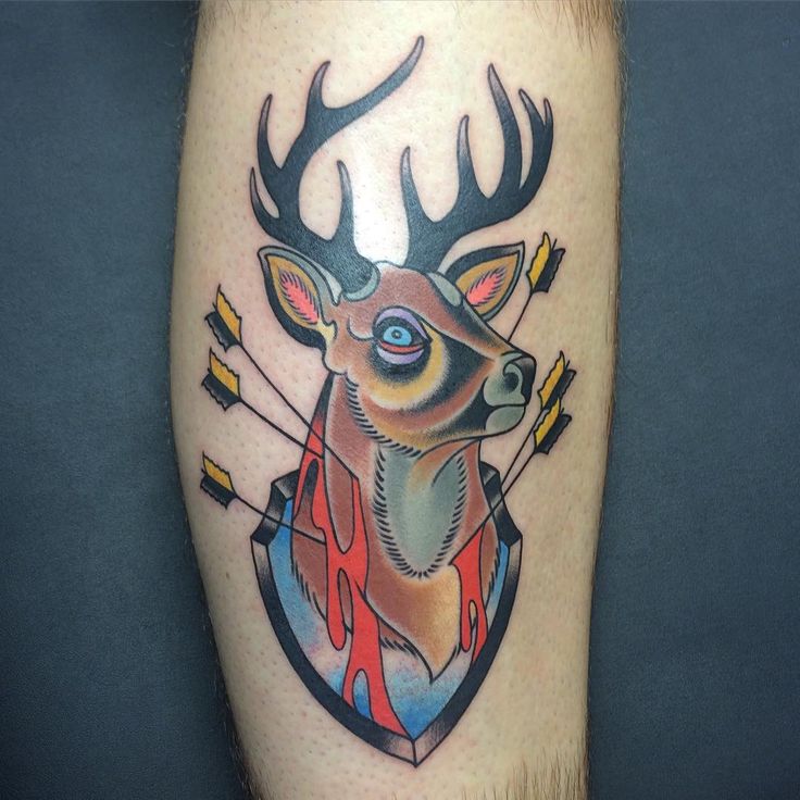 Colored Deer Head Tattoo On Leg