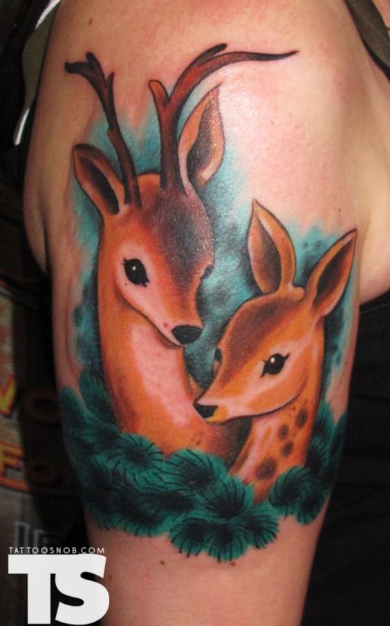 Colored Deer Head Tattoos On Shoulder