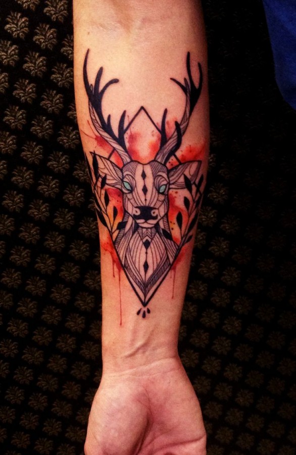 Colored Geometric Deer Tattoo On Forearm