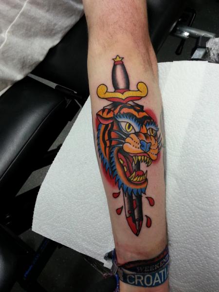 Colored Tiger And Dagger Tattoo On Arm Sleeve