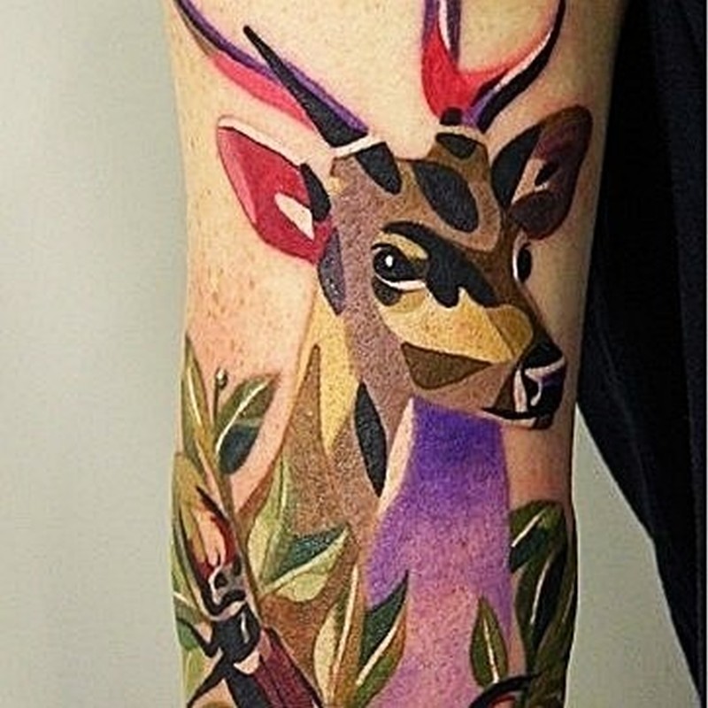 Colorful Abstract Deer Tattoo On Half Sleeve