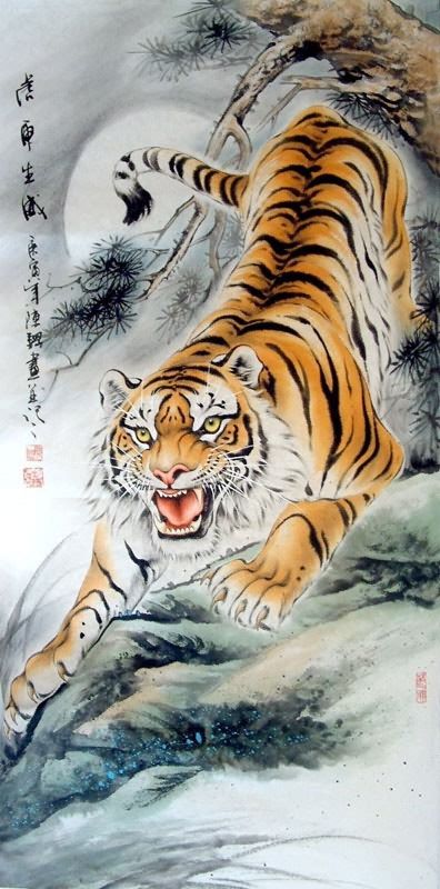 Colorful Angry Chinese Tiger Tattoo Design