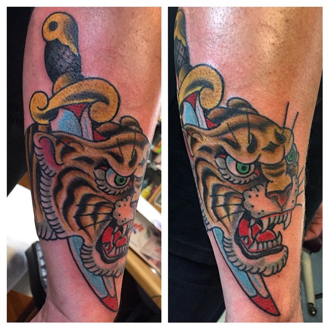 Colorful Dagger With Tiger Head Tattoo On Sleeve