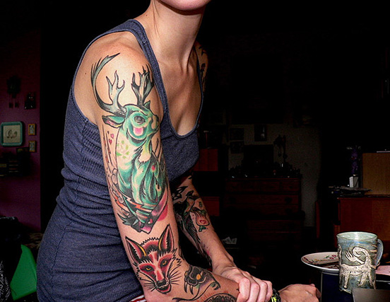 Colorful Deer Tattoo On Right Half Sleeve For Women