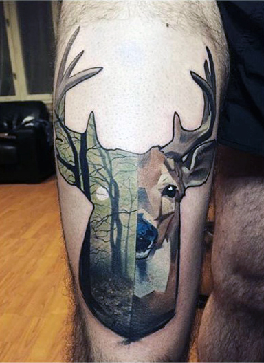 Colorful Deer Track Tattoo On Right Leg