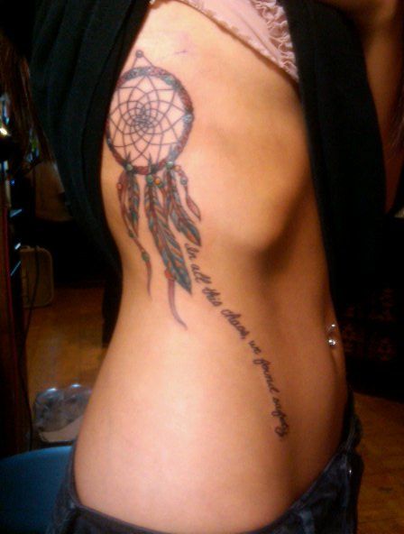 Colorful Dreamcatcher Tattoo On Girl Side
