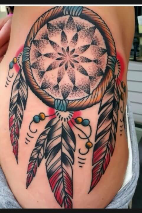 Colorful Dreamcatcher Tattoo On Side Rib