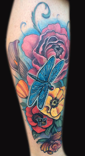 Colorful Flowers With Dragonfly Tattoo Design For Leg By Spencer Caligiuri