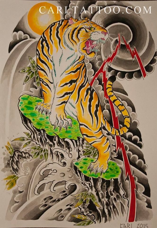 Colorful Japanese Tiger Tattoo Design by Carl Tattoo