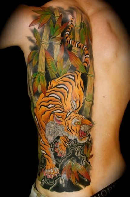 Colorful Japanese Tiger Tattoo On Man Full Back