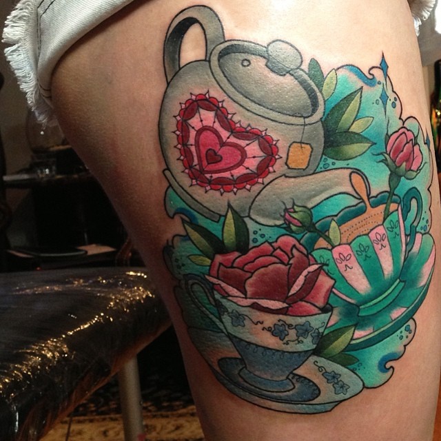 Colorful Kettle With Cup Tattoo On Right Side Thigh