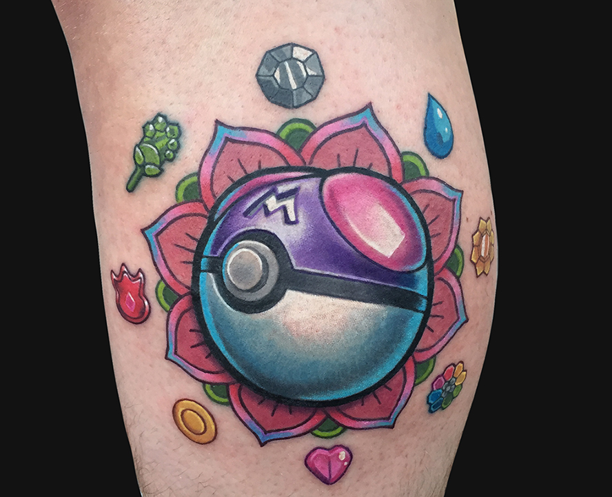 Colorful Masterball Tattoo Design For Leg Calf By Marc Durrant