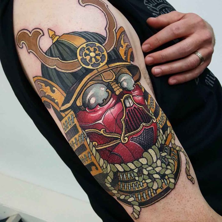 Colorful Samurai Head Tattoo On Right Half Sleeve By Elliott Wells