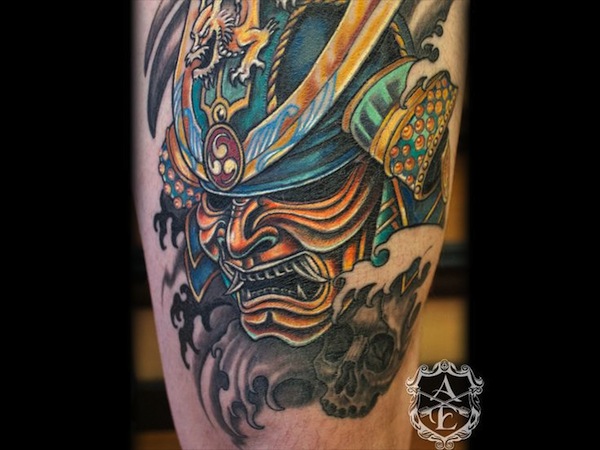 Colorful Samurai Mask Tattoo Design For Sleeve