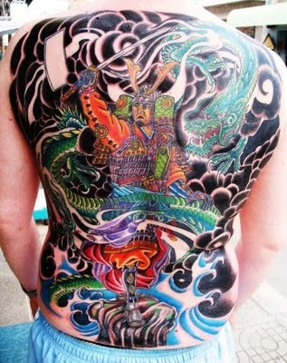 Colorful Samurai With Dragon Tattoo On Man Full Back
