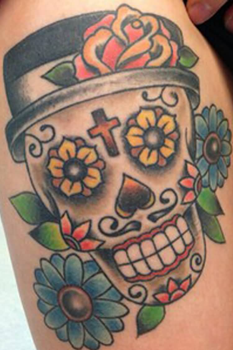 Colorful Sugar Skull With Flowers Tattoo Design By Roger McMahon